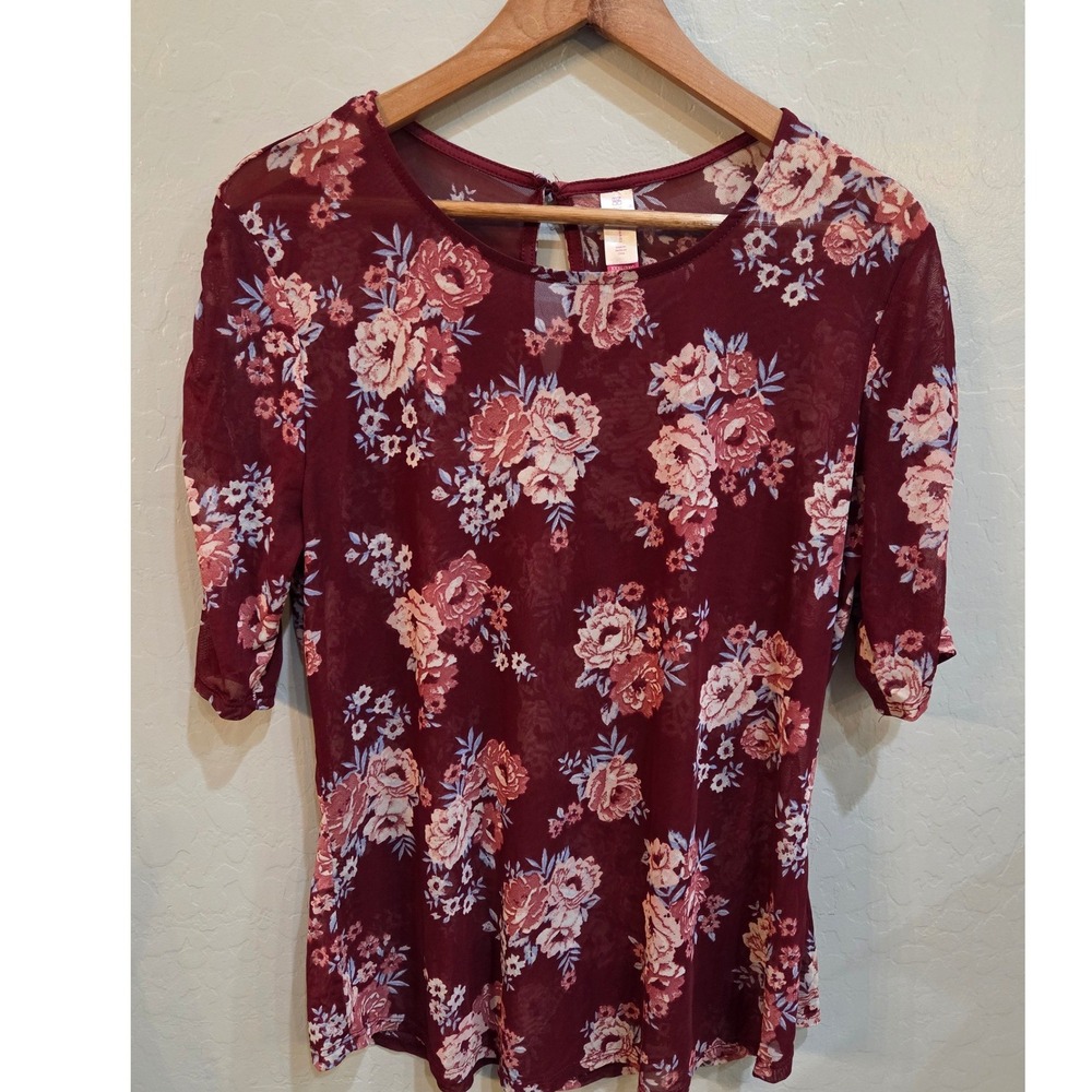 No Boundaries Burgundy Floral Mesh Top Ruffle Cuff XXXL 3XG NJ38T209M